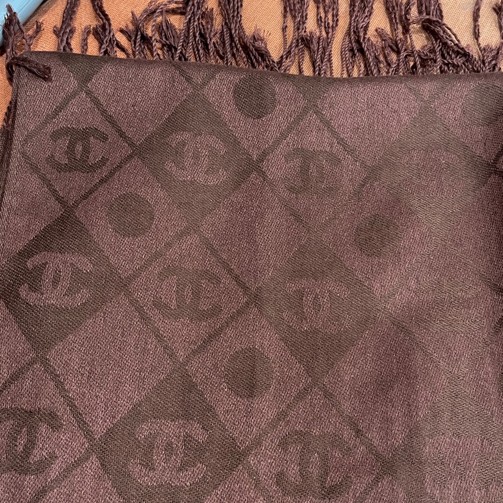 CHANEL Brown Plum Logo Jacquard Fringe Scarf